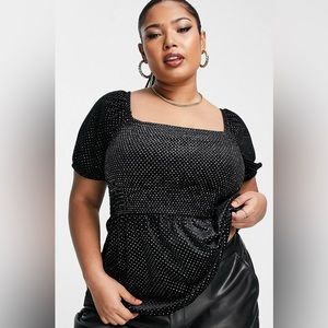 Simply Be velour ruched sleeve peplum top in black & silver. Never worn w/ tags.